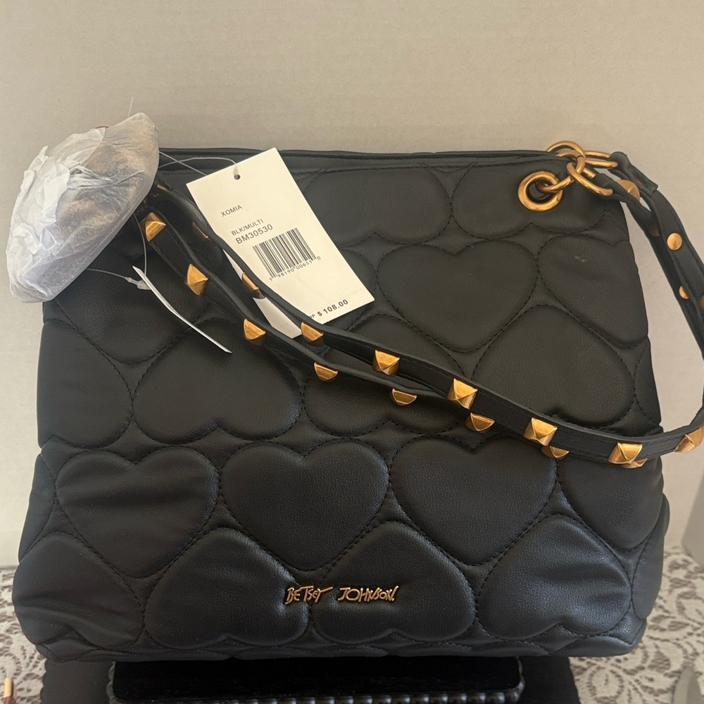 Betsey Johnson Rare Leopard XOMia 💎 Black Heart Quilted Bag w/Leopard Interior - Picture 2 of 10